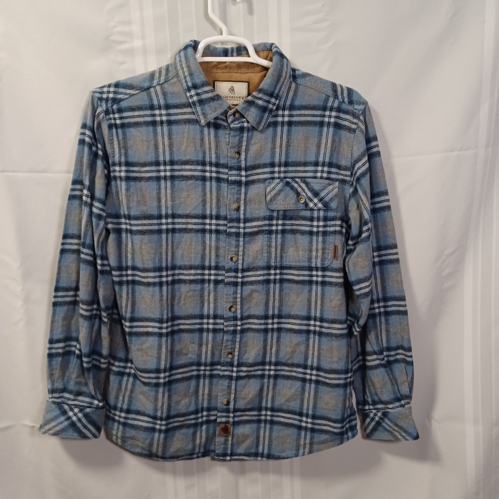 Legendary Whitetails Flannel Mens L Blue Buck Camp Plaid Cotton Corduroy Trim